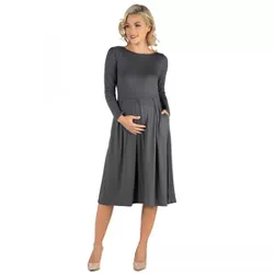 24seven Comfort Apparel Midi Length Fit N Flare Pocket Maternity Dress