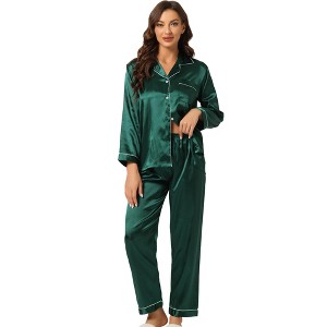 Allegra K Women's Satin Button Down Sleepshirt with Pants Sleepwear Pajama Set - 1 of 4