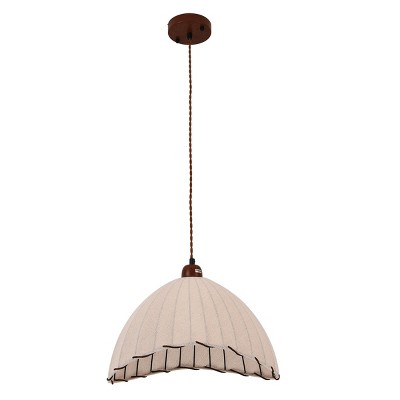 PAKOKULA Farmhouse 1-Light Brown Coastal style Scallop Edges Chandelier with Beige Fabric Shade for Kitchen Island Dining Room