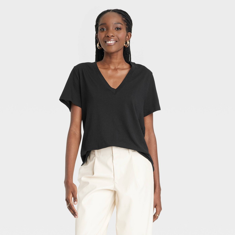 Women's Short Sleeve V-Neck T-Shirt - A New Day Black XS
