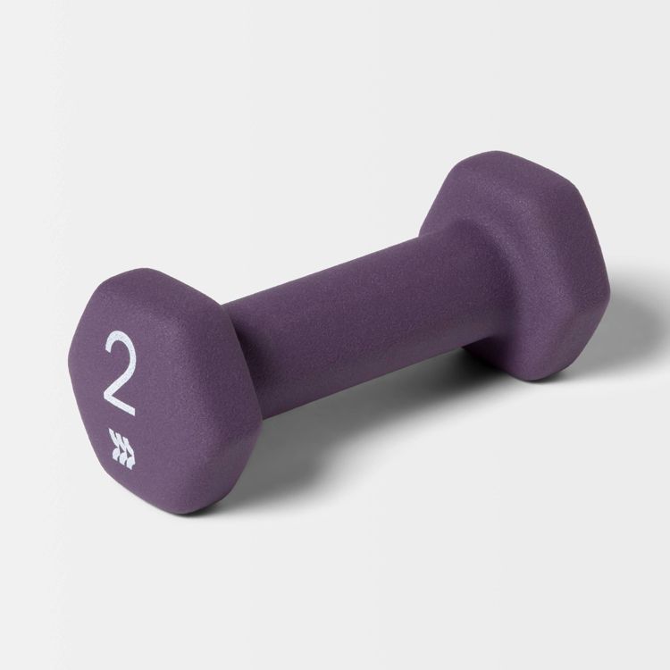A purple colored dumbbell with a hexagonal shape and the number "2" printed on one end.