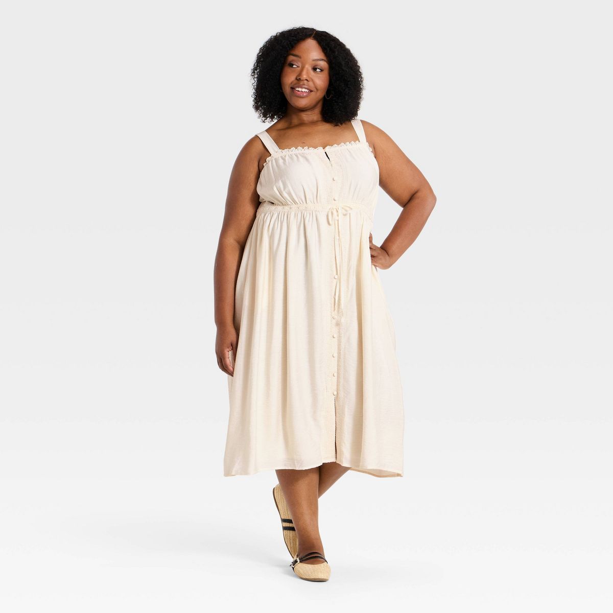 Women's Sleeveless Button Up Tie Waist Square Neck Lace Trim Midi Dress - Ava & Viv™ - thumbnail 7