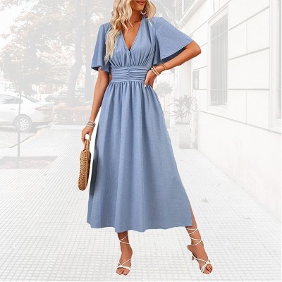 Womens Bell Sleeve Emprie Waist Dress Faux Wrap Wedding Guest Dress A Line Side Slit Maxi High Waist Flowy Smocked Dress
