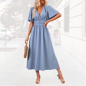 Womens Bell Sleeve Emprie Waist Dress Faux Wrap Wedding Guest Dress A Line Side Slit Maxi High Waist Flowy Smocked Dress - 1 of 3