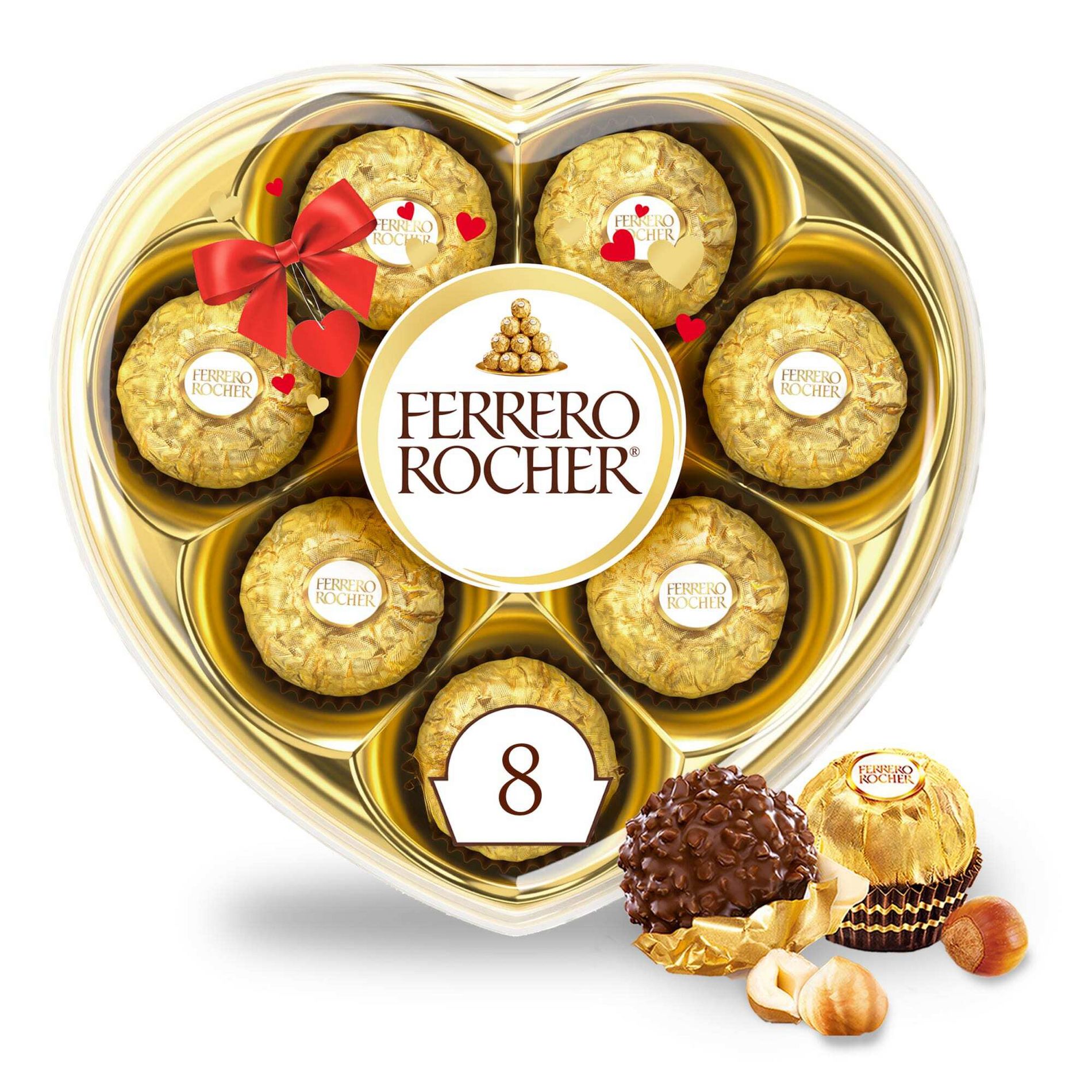 Ferrero Rocher Premium Milk Chocolate Hazelnut Individually Wrapped Valentine’s Day Heart Gift Box - 3.5oz/8ct