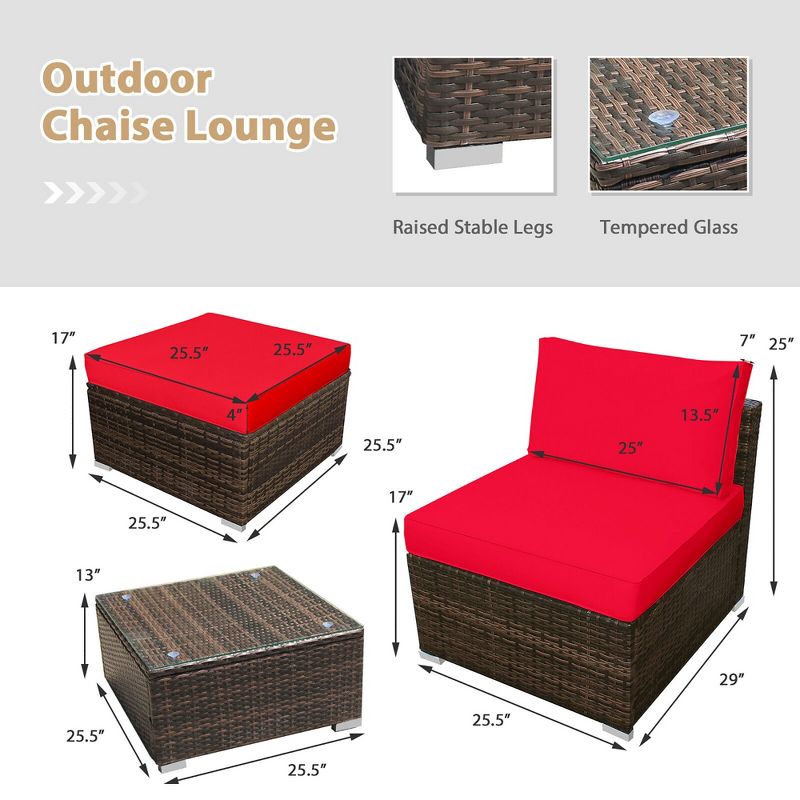 Costway 5PCS Patio Rattan Wicker Furniture Set Armless Sofa Cushioned Red/Turquoise, 3 of 13