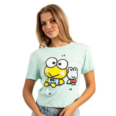 Keroppi Frog Friend Crew Neck Short Sleeve Light Green Women's Longer Crop Baby Fitted Tee