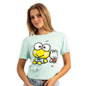 Keroppi Frog Friend Crew Neck Short Sleeve Light Green Women's Longer Crop Baby Fitted Tee - 1 of 1