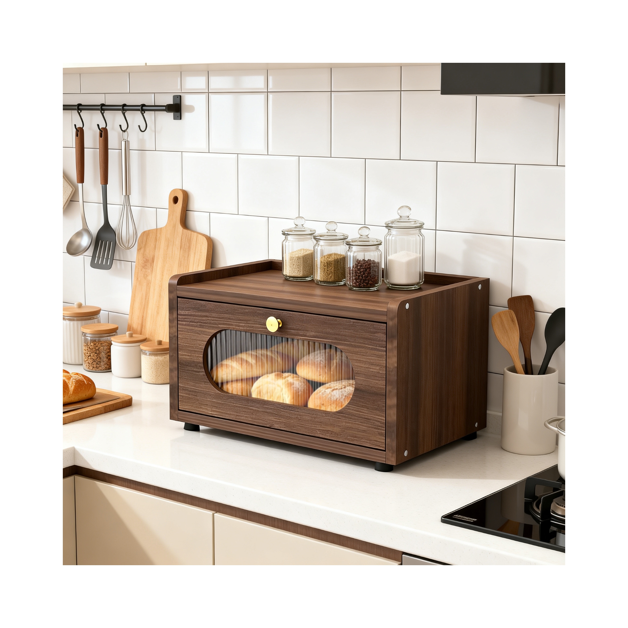 Wooden Bread Box for Kitchen Countertop, Farmhouse Bread Storage Container with Acrylic Window, Stackable Counter Top Breadbox for Bread Spices,Brown