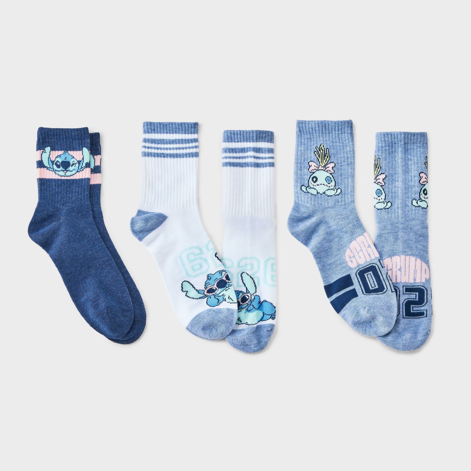 Women's Lilo & Stitch Varsity Stripe 3pk Mid Crew Socks - Blue 4-10