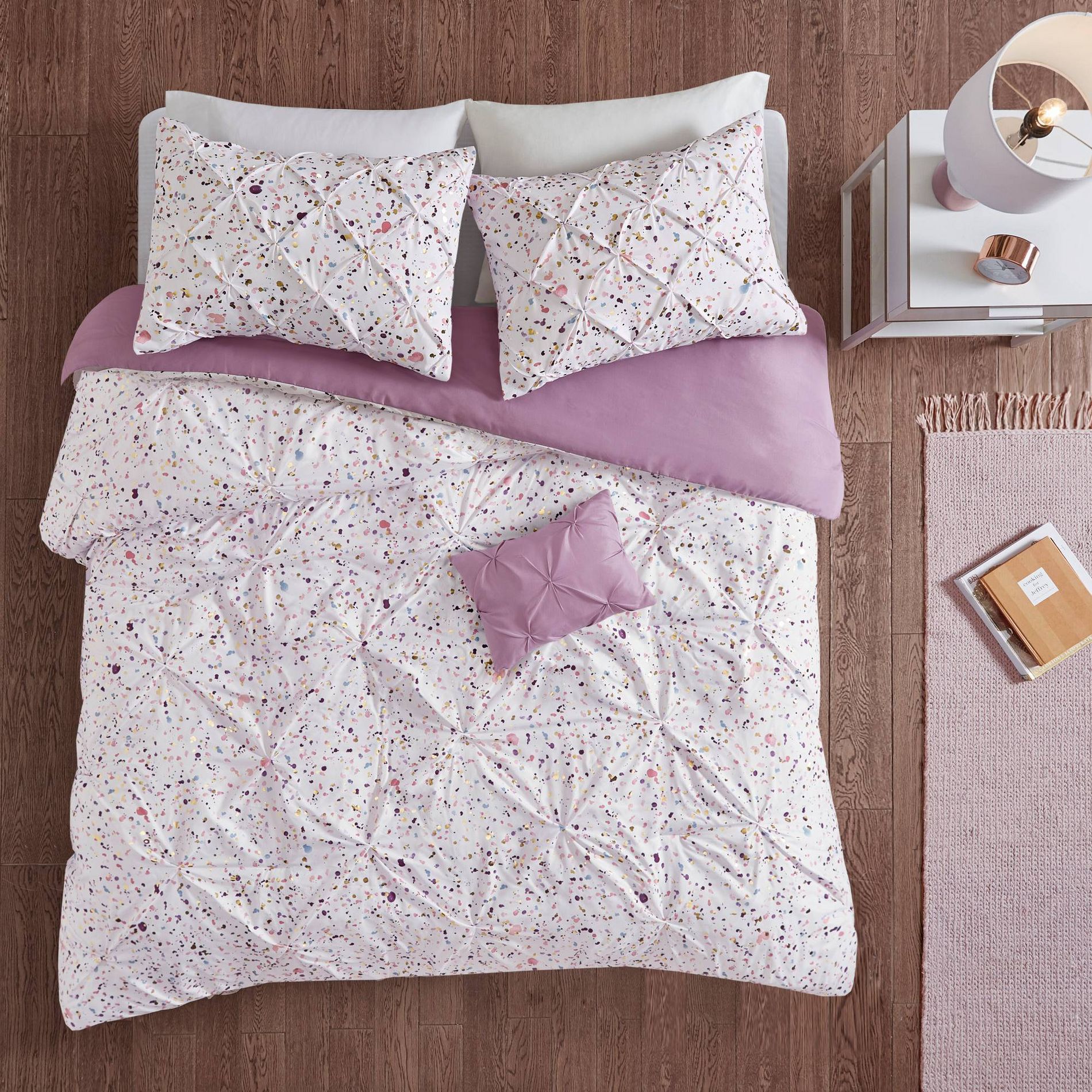 4pc Full/Queen Nicole Metallic Printed and Pintucked Duvet Cover Set Plum - Intelligent Design: Microfiber Bedding Set with Decorative Pillow