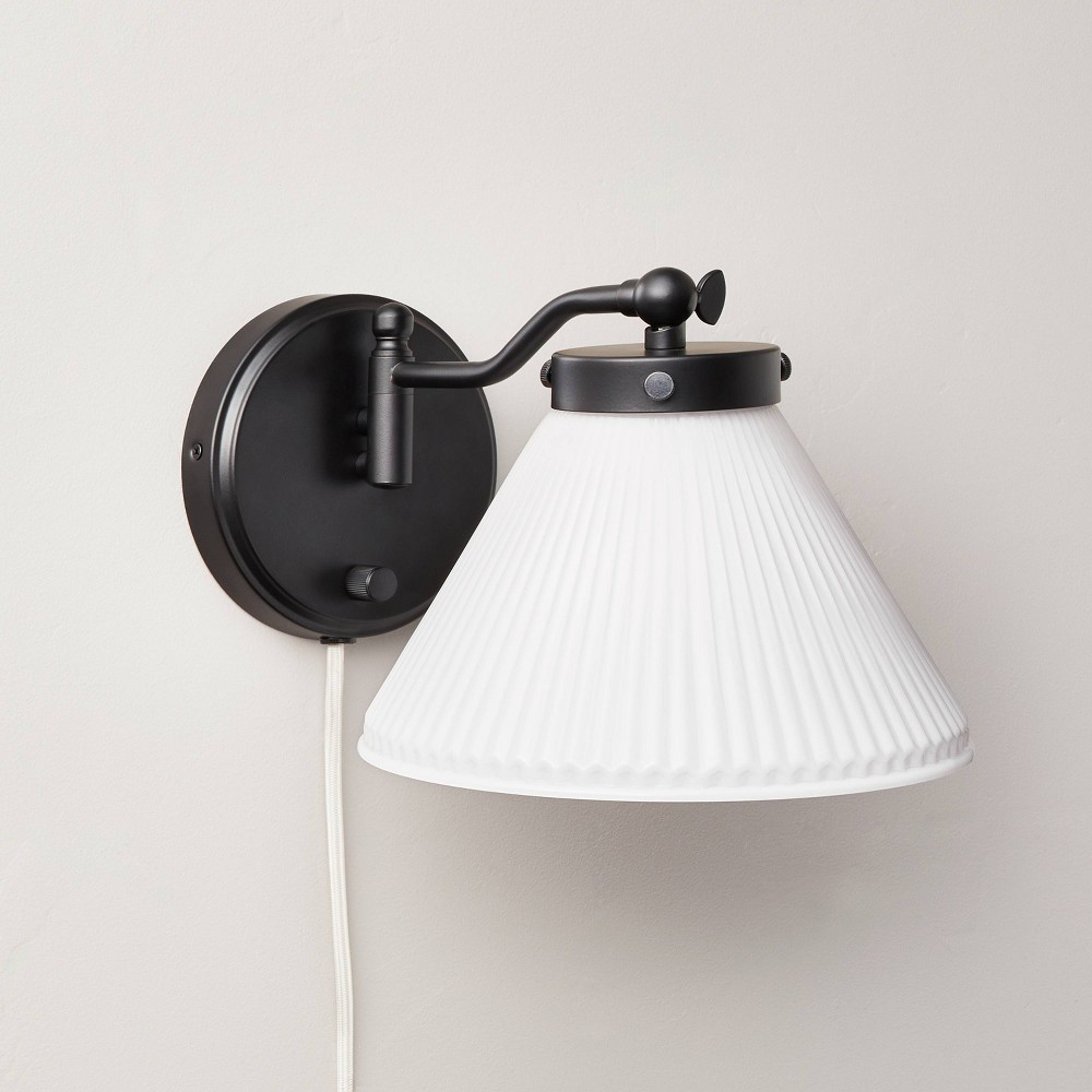 Photos - Light Bulb Reeded Milk Glass Wall Sconce Black Finish - Hearth & Hand™ with Magnolia: