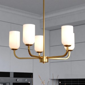 VAXCEL Shelby 5 Light Gold Brass Transitional Chandelier White Glass Shade - 1 of 4