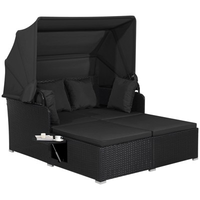 Tangkula Patio Rattan Daybed with Retractable Canopy Wicker Sun Lounger with 2 Foldable Side Panels Thick Seat & Back Cushions