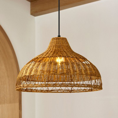 Rennnsan Glinette 16"W 1-Light Dome Woven Ratten Boho Dimmable Pendant in Beige