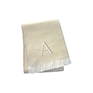 HomeRoots 55" X 70" Linen And White Herringbone Cotton Blend A Initial Throw Blanket with Tassels And Embroidery - 1 of 4