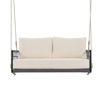 Porch Swing, Hanging Porch Swing With Woven Ropes, Removable Cushion And Cushion Cover, Pillow, Iron Frame