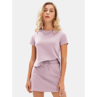 EXLURA Womens Casual Summer 2 Piece Short Skirt Sets Short Sleeve Tshirt And Tennis Skort Dressy Cotton Matching Sweatsuits