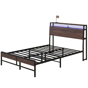 Full Size Bed Frame with LED Lights and Charging Station, Full Bed Frame with Storage Headboard, Noise-Free - 1 of 4