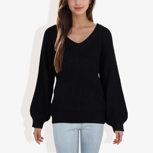 Anna-Kaci Women's V-Neck Long Sleeve Sweater with Ribbed Cuffs - 1 of 4