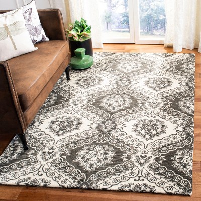 Charcoal and Ivory Floral Handmade Wool 4' x 6' Rug