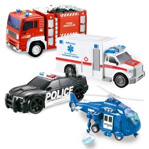 Joyfy 4Pcs Emergency Vehicle Toy Set – Friction-Powered Fire Truck, Ambulance, Police Car, and Helicopter with Lights & Sounds, Gift for Toddler Boys - 1 of 4