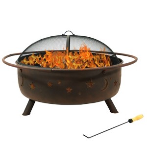 Sunnydaze Outdoor Camping or Backyard Steel Round Cosmic Fire Pit with Spark Screen and Log Poker - 41.5" - Black - 1 of 4
