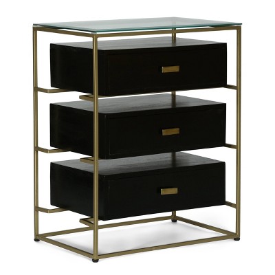 Hoadley Modern Handcrafted 3 Drawer Glass Top Nightstand Black/Brass - Christopher Knight Home