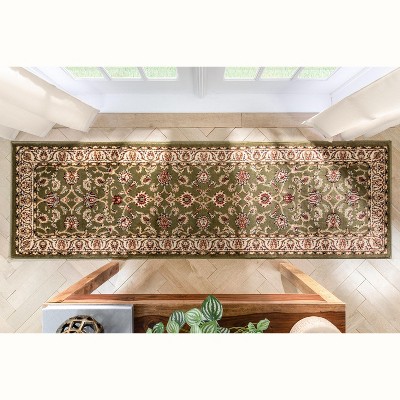 Green Floral Sarouk Runner Rug with Jute Backing