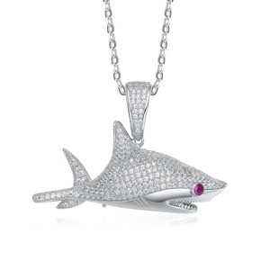 Guili Rhodium-Plated with Ruby and Cubic Zirconia Ice-Out Shark Pendant, A Fierce and Chic Statement Necklace, Perfect for Trendsetters - 1 of 3