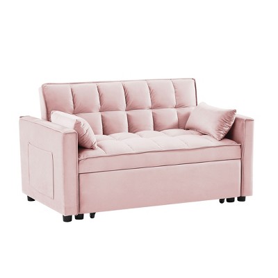 NicBex Velvet Loveseat Sofa Modern Upholstered Pull-Out Sofa Bed 3 in 1 Convertible Sleeper Sofa Bed with Adjustable Backrest and Pillows,Pink