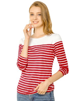 INSPIRE CHIC Women's Color Block Round Neck Long Sleeves Striped Basic T-Shirt