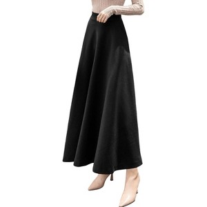 Women's Wool A-Line Maxi Skirt - Fall Winter Swing Pleated Long Skater Skirt Pocket-black - 1 of 4