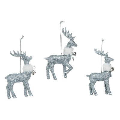 Transpac Resin 5 in. Silver Christmas Shimmer Fur Collar Reindeer Ornament Set of 3
