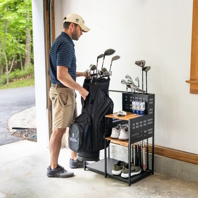 Teal Triangle Black Steel and Wood Golf Club Organizer