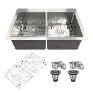 CASAINC 33" Drop-In Double Bowl Stainless Steel Kitchen Sink with Included Bottom Grids and Basket Strainers - 1 of 4