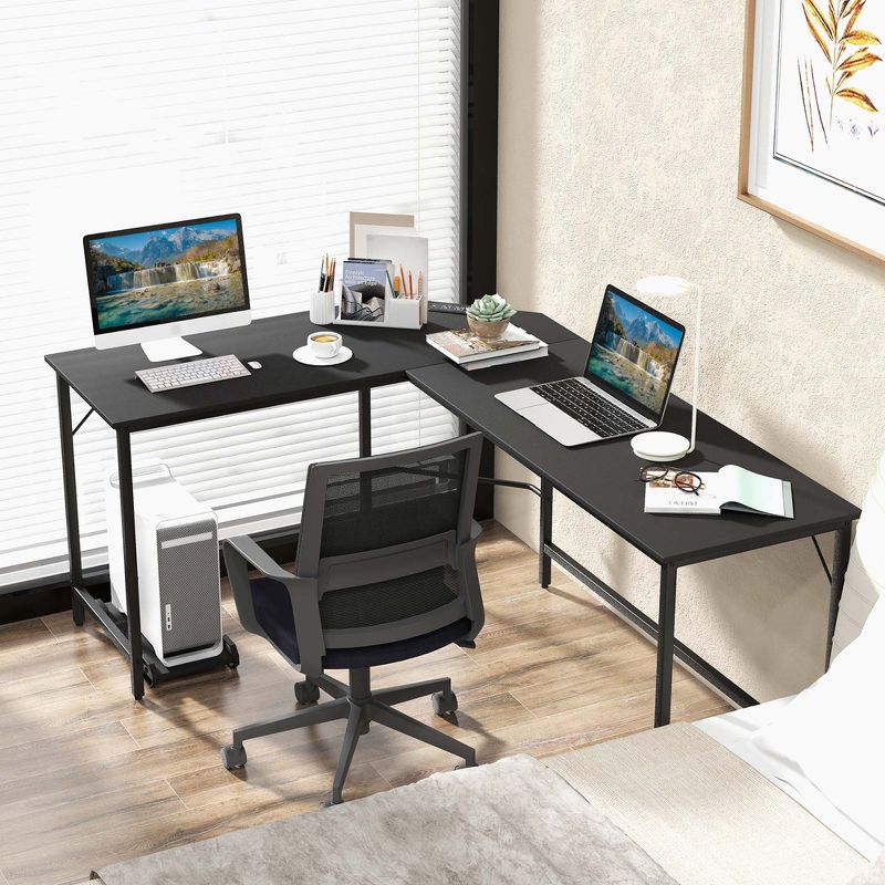 Costway L-shaped Gaming Desk Computer Desk with CPU Stand Power Outlets Rustic Brown/Black, 4 of 11