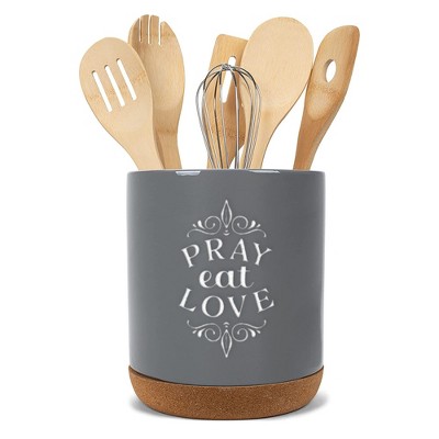 Elanze Designs Pray Eat Love Grey X-Large Cork Bottom Kitchen Utensil Holder