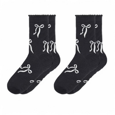 Alilang Women's 2-Pack Bow Pattern Crew Socks with Scalloped Trim and Contrast Details
