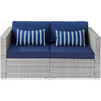 Best Choice Products 2-Person Outdoor Patio Loveseat Wicker Sofa Couch Furniture Set w/ 2 Accent Pillows - Gray/Navy