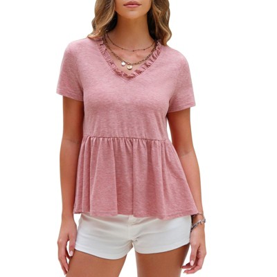 EXLURA Women's Summer Short Sleeve Peplum Babydoll Tops Cute V Neck T Shirts