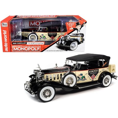 1932 Cadillac V16 Sport Phaeton Convertible and Mr. Monopoly Resin Figurine 1/18 Diecast Model Car by Autoworld
