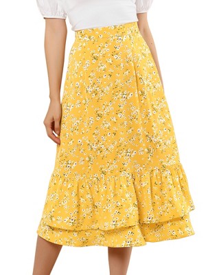 INSPIRE CHIC Women's Chiffon Elastic Waist Ruffle Tiered Flowy Midi Floral Printed Skirts