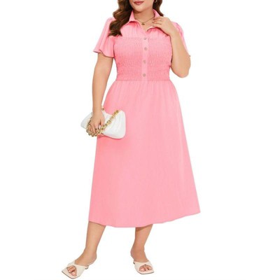 Coolmee Women Plus Size Dress Summer Button Down Smocked Midi Dress Short Sleeve Sundress
