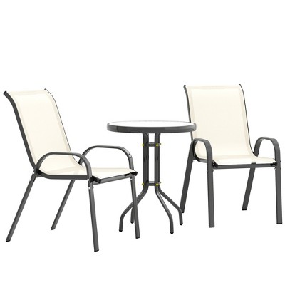 Outsunny 3 Pieces Outdoor Bistro Set, Patio Furniture with Stackable Chairs and Glass Table, High Back Small Patio Set for Balcony, Porch