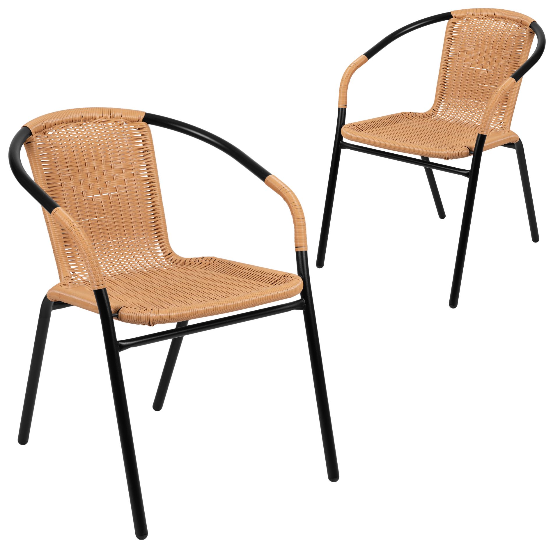 Emma and Oliver 2 Pack Beige Rattan Indoor-Outdoor Restaurant Stack Chair with Curved Back