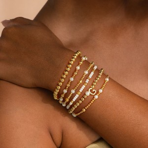Turandoss 6PCS Gold Initial Bracelet for Women Girls - Stacked Beaded Bracelets for Kids, Layered Letter Pearl Bracelet Set for Girls, Christmas Gifts - 1 of 4