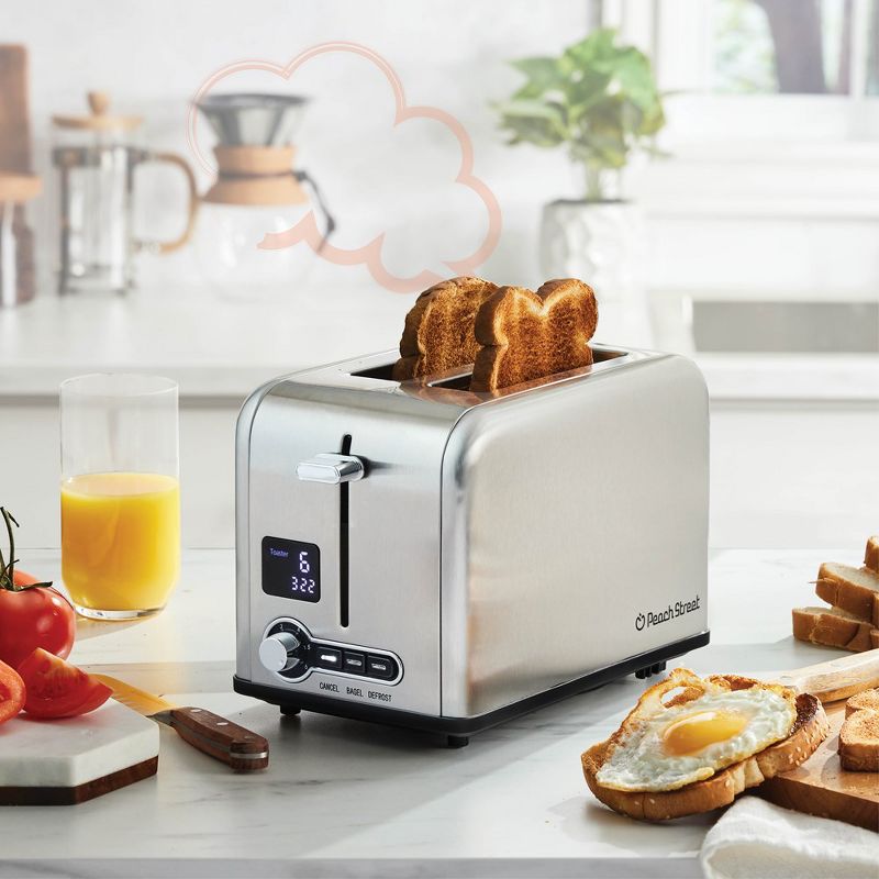 Peach Street 2 Slice Digital Countdown Bread Toaster, Stainless Steel, 6 Browning Levels, Removable Crumb Tray, Defrost, Bagel, Button, 2 of 10