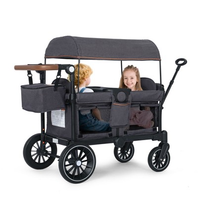 Kinder King 2-Seat Wagon Stroller, All-Terrain Foldable Stroller Wagon for Toddlers with Canopy, Snack Tray & Push/Pull Bar