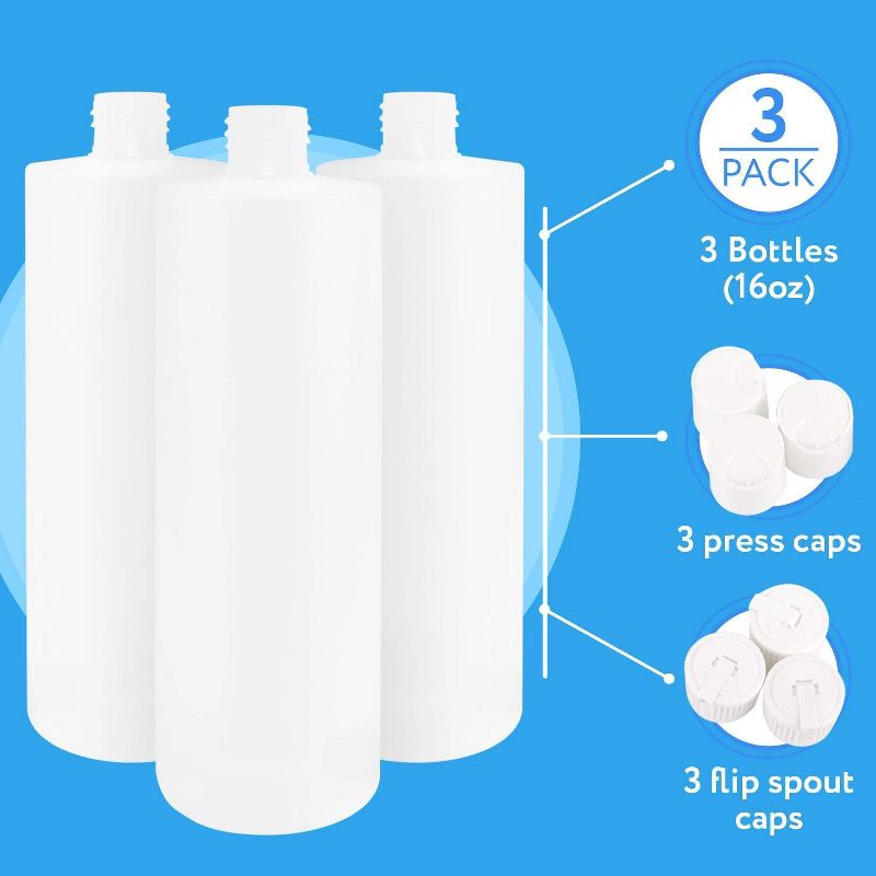 IMPRESA - 3 Pack 16oz Plastic Bottle with 6 Caps in 2 Styles - BPA Free Latex-Free, Food-Grade, Great for Shampoo, Body Wash, Sauce and More, 5 of 8